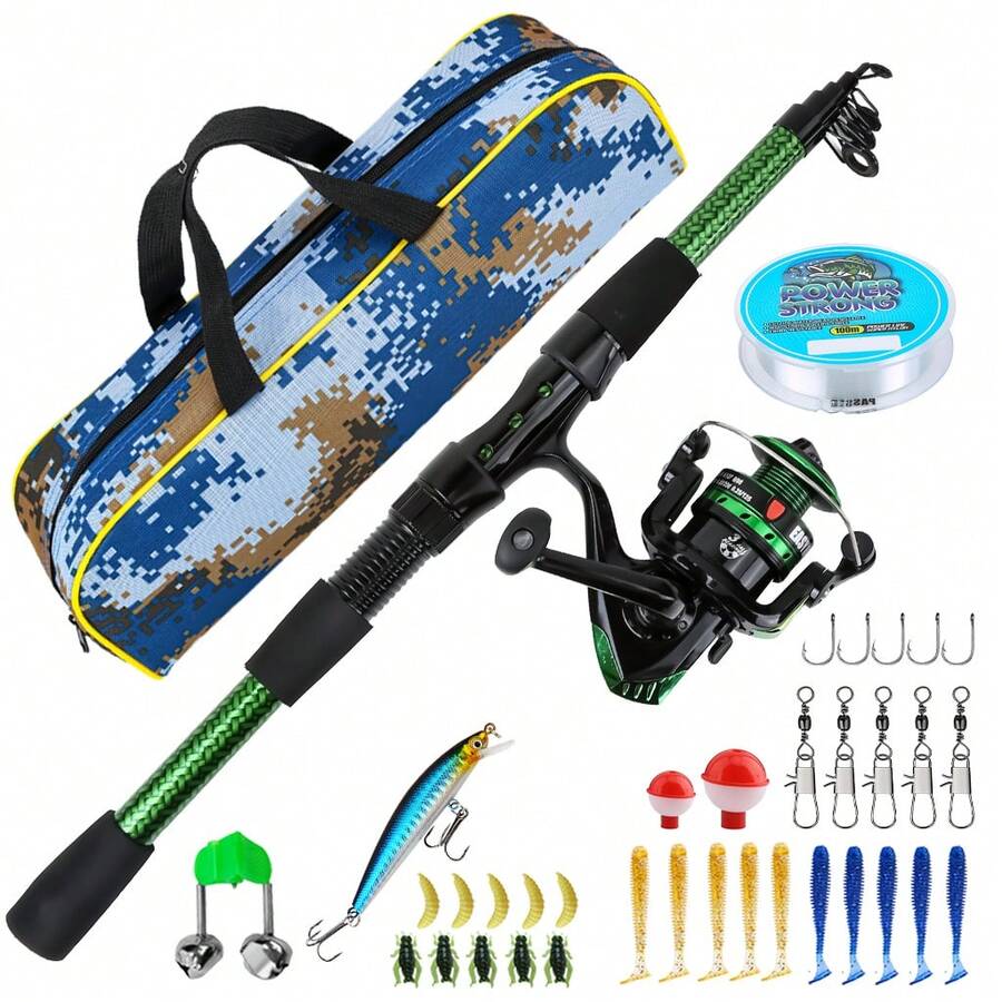 KecchKrezing 5.9ft Camouflage Telescopic Fishing Rod Set With Spinning Reel, Complete Fishing Tackle Including Fishing Line, Floats, Lures, Hooks, Bells, Suitable For Beginners River Lake Freshwater Fishing, With Storage Bag