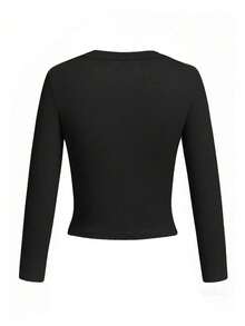 New Short Long Sleeve T-Shirt Women Design Print Spring Autumn Korean Style Round Neck Versatile Casual Slim Fit Top - Black - View 6
