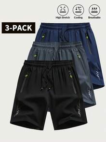 3pcs Men's Casual Sports Shorts, Pockets With Zipper And Drawstring, Suitable For Summer Fitness, Running And Outdoor Activities. - Multicolor - View 1
