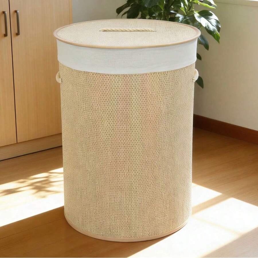 Natural Bamboo Woven Laundry Basket With Lid, Large Capacity, Fabric Lining, Bedroom Clothes Organizer, Handle With Hemp Rope, Square/Round, Waterproof Bathroom Storage Basket, Home Storage Box, Foldable, Sturdy Iron Frame Laundry Basket. - Round Light Color 35x50cm - View 1