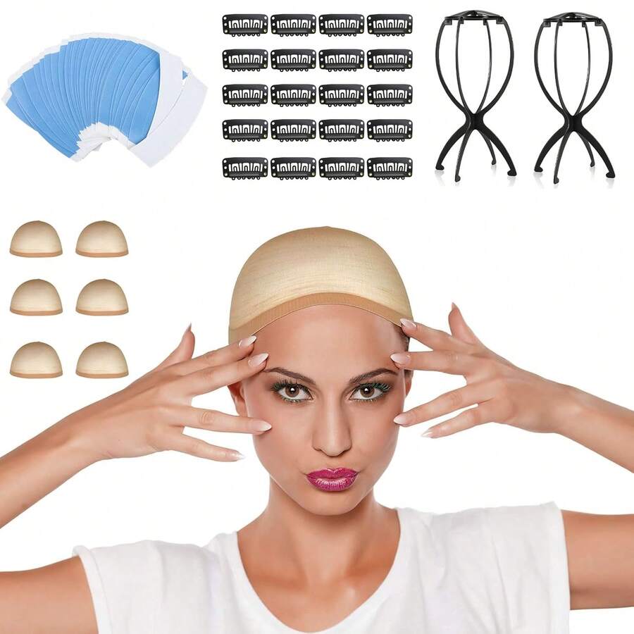 Bộ mũ đội tóc giả nylon 6 cái kèm 36 miếng băng dán tóc, 20 kẹp tóc và 2 giá đỡ tóc giả, dụng cụ đeo và bảo quản tóc giả, phù hợp dùng hàng ngày và du lịch - Xem 1