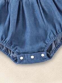 Infant Girls Denim Bubble Romper With Ruffle Sleeves, One-Piece Jumpsuit, Bow Decor, Cute Summer Outfit - Medium Wash - View 7