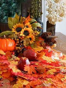 5/50/100/200pcs Rtificial Fall Maple Leaf Decor, Squishy Multi-Colored Faux Autumn Maple Leaves For Table Scatter/Autumn Wreath/Wedding Centerpiece/Harvest Season/Indoor Vase Filler/Backdrop Styling/Fall Home Decor Autumn/Halloween Deorations - A - View 5