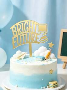 3pcs Luxury Gold Reflective Graduation Cake Ornament, Curved Bright Future Typography Embedded Classroom-Themed Cutouts. Mirror Finish Presents Uplifting Aesthetics For Graduation And Promotion Party Dessert Display Layouts - A - View 2