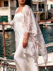 1pc Fashionable Elegant Floral Foil Print Linen Pendant Shawl, Women's Spring/Summer Outerwear, Vacation Travel Decorative Cardigan Shawl, Suitable For Daily Matching, First Choice For Gifts - White - View 2