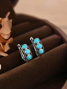 1 par de pendientes de aro vintage plateados de turquesa sintética, 3 pendientes en forma de C con piedra ovalada estilo western boho, joyería retro de vacaciones para mujer - Azul - Ver 2