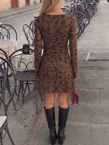 Elegant Commuter Floral Flocked Dress - Coffee Brown - View 4