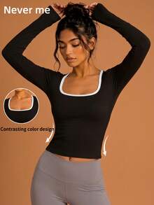 Women's Sports T-Shirt Solid Black With White Trim Square Neck Long Sleeve Elastic Slim Fit Flattering Daily Workout Top - Black - View 4