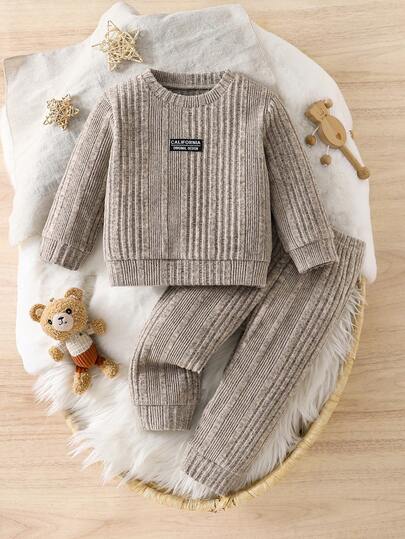 Conjunto Casual para Casa de Bebê Menino Vintage Cor Sólida Malha Canelada de Alta Elasticidade Manga Longa, Top de Gola Redonda Texturizado Macio e Calça com Punho Elástico, Roupa Base Confortável e Versátil para Outono e Primavera para Passeios e Viagens, 6-9M; 9-12M; 12-18M; 18-24M; 2-3A