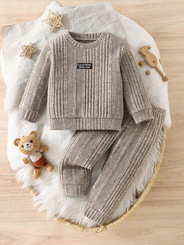 Baby Boy Vintage Solid Color High Elastic Ribbed Knit Long Sleeve Casual Home Set, Newborn Baby Soft Textured Crew Neck Top And Elastic Cuffed Pants, Autumn Spring Comfortable Versatile Base Layer Outfit For Outings And Travel, 6-9M; 9-12M; 12-18M; 18-24M; 2-3Y
