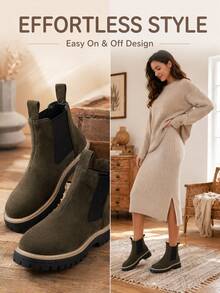 Autumn/Winter New Green Suede Thick Sole Chelsea Ankle Boots, Slouchy Slip-On Design Height-Increasing Platform Boots, Wear-Resistant Non-Slip Rubber Outsole Street Style Versatile Cylinder Boots - Green - View 5