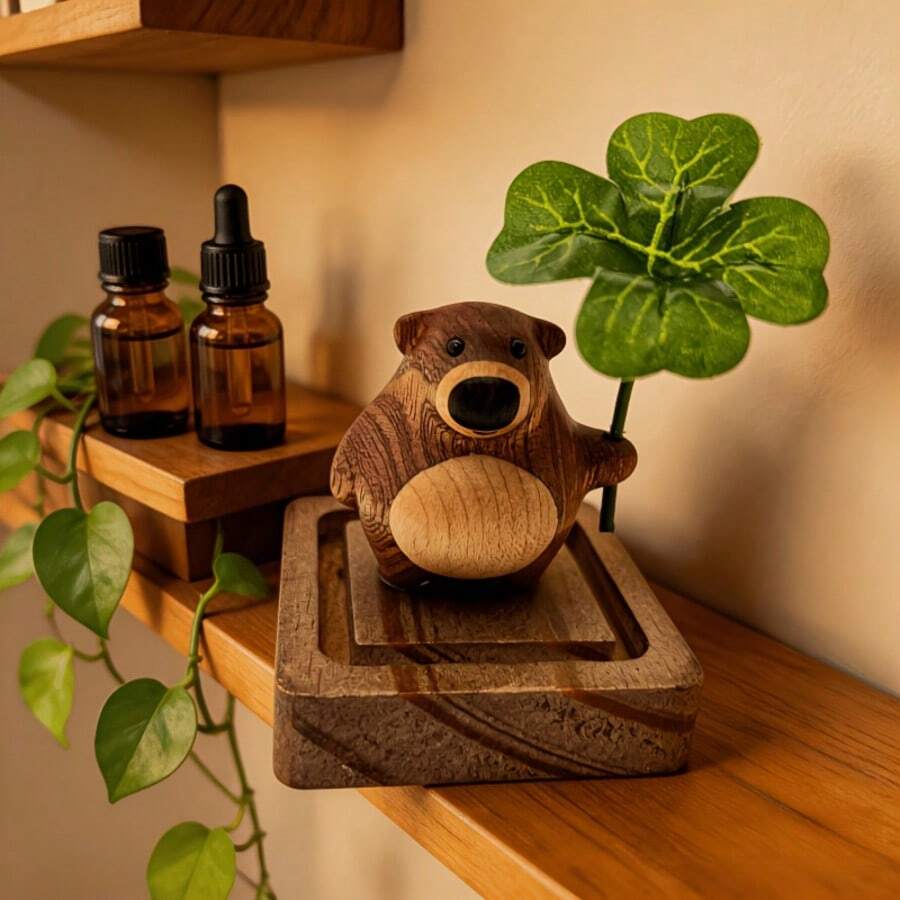 3pcs Creative 3D Bear Car Aromatherapy Ornament, Four-Leaf Clover Natural Walnut Wood Diffuser, Flameless Wooden Essential Oil Diffuser, Suitable For Car Dashboard, Home Decor And Gifts, No Fragrance Source - Multiple Styles - View 1