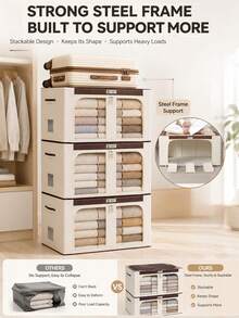 2pcs Set Formaldehyde-Removing Fabric Storage Boxes + Beige Storage Box Set, Foldable Clothing Storage Bin With Transparent Window, Dual-Opening Closet Organizer, Large Capacity Blanket Quilt Sweater Storage Container, Dust-Proof Wardrobe Storage Box, Suitable For Bedroom Home - Multicolor - View 4