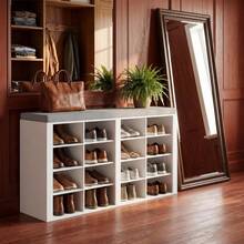 HaluPeit 16 Grid Efficient Storage Shoe Changing Stool Shoe Cabinet, Open Grid Design, Adjustable Shelves, Retro/White Color - White - View 1