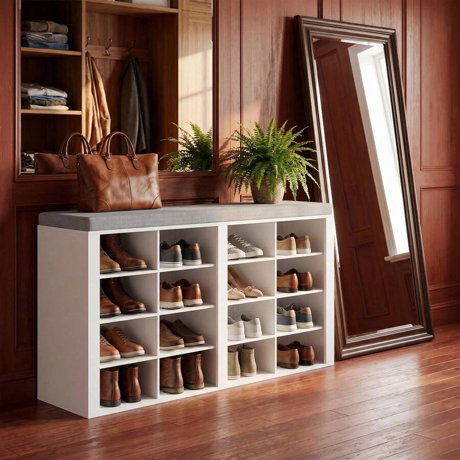 HaluPeit 16 Grid Efficient Storage Shoe Changing Stool Shoe Cabinet, Open Grid Design, Adjustable Shelves, Retro/White Color - White - View 1