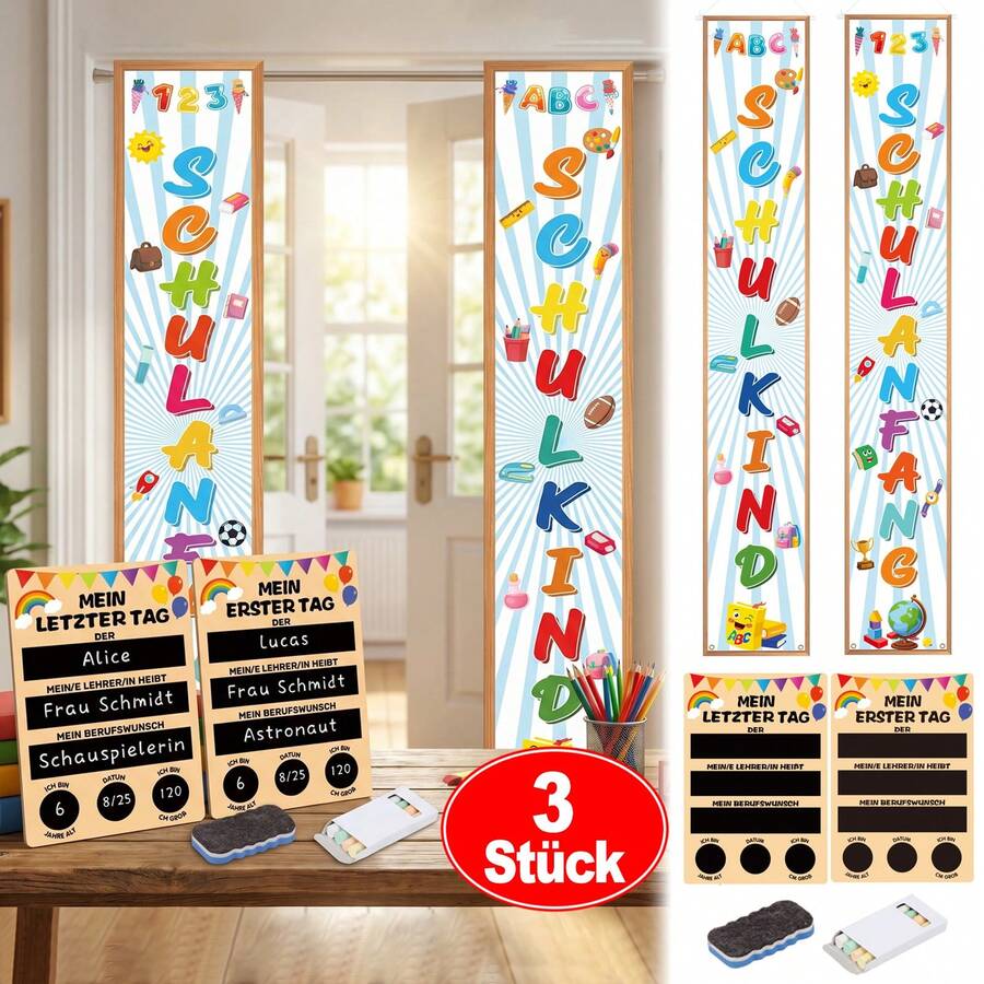 APODESS 2 Stück Elegante Einschulungsdekoration: Weißer Türvorhang & Doppelseitiges Holzschild Set-Mehrteiliges Party-Geschenkset - Übersicht 1