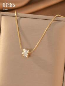 Hihho 1pc French Style Square Zirconia Collarbone Necklace, Soft Snake Chain, Minimalist Commute & Date Exquisite Jewelry - Ladder Square - View 8