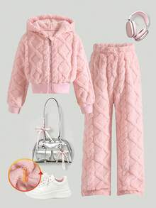 Girls' Casual Fashion Solid Color 3D Embossed Fuzzy Hooded Short Jacket And Straight Leg Pants 2 Pieces Set, Autumn/Winter - Pink - View 1