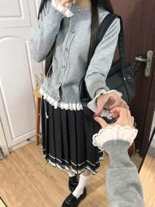 Cardigan Rajut Renda Lembut Gaya Korea yang Imut dengan Leher Bulat - Grey - View 8