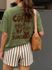 Plus Size Women's Coffee & Sunshine Print T-Shirt, Short Sleeve Crew Neck Regular Fit Top, High Elastic Fabric, Comfortable For Summer Wear - Army Green - View 9