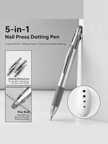 1pc New 5-In-1 Nail Art Dotting Pen, Press-Type Polka Dot Pen, Powder-Rubbing, Line-Drawing, Multi-Head Rhinestone Dotting Pen, Nail Art Tool - Silver - View 1