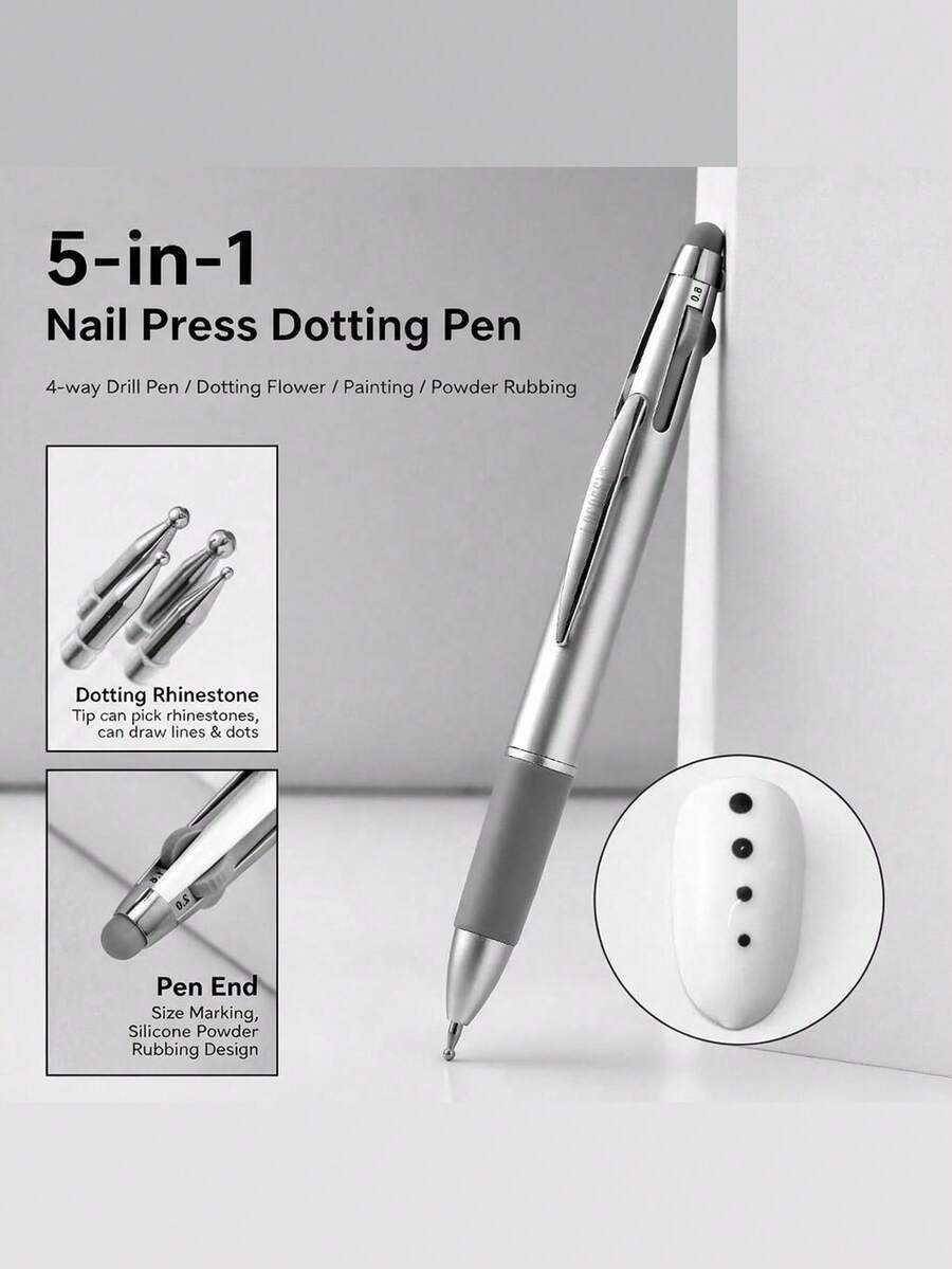 1pc New 5-In-1 Nail Art Dotting Pen, Press-Type Polka Dot Pen, Powder-Rubbing, Line-Drawing, Multi-Head Rhinestone Dotting Pen, Nail Art Tool - Silver - View 1