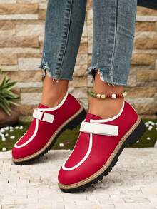 1 Pair Vintage Contrast Color Hook & Loop Loafers Women Spring/Autumn New Round Toe Versatile Casual Commute Leather Shoes - Red - View 6