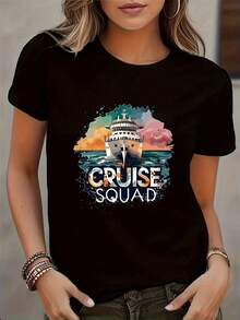 Damen Casual Kurzarm-T-Shirt mit Kreuzfahrtmuster-Druck, geeignet für Frühling und Sommer. - Schwarz - Übersicht 7