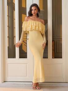 PARTHEA Elegant Yellow Off‑Shoulder Mermaid Maxi Dress, Layered Lace Ruffle Neck Mesh Long Sleeve Bodycon Party Gown - Yellow - View 1