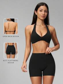 MFVIM Women's 2-Piece Yoga Set, V-Neck Halter Back/High Waist Butt-Lifting Shorts With Padded Cups - Premium Black - View 3