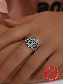 1pc 925 Sterling Silver Vintage Leaf Pattern Personalized Fashion Adjustable Ring, Suitable For Everyday Casual Wear, Gift For Family And Friends On Holidays And Birthdays - Antique Silver - View 7