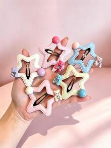 5Pcs Macaron Hollow Star Bear BB Hair Clips, Cute Bead Rhinestone Side Bangs Pins Sweet Hair Accessories For Women - Multicolor - View 1
