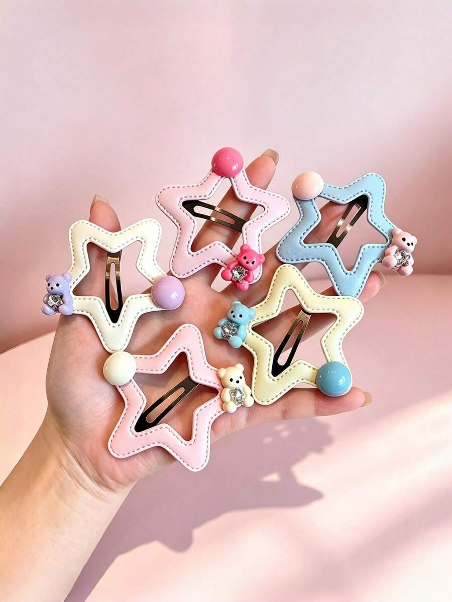 5Pcs Macaron Hollow Star Bear BB Hair Clips, Cute Bead Rhinestone Side Bangs Pins Sweet Hair Accessories For Women - Multicolor - View 1