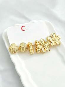 3/9 Pairs Gold Metal Earrings Set, Beach Vacation Style Starfish Shell Flower Water Drop C-Hoop Stud Earrings - Gold - View 9
