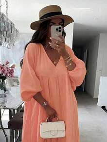 Fashion Plus Size Deep V-Neck Long A-Line Dress, Flared Hem With Three-Quarter Sleeves, Perfect Choice For Vacation Outfits. Elegant - Orange - View 4