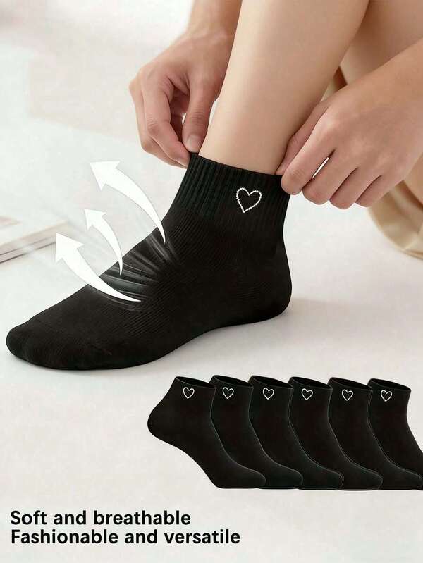 1/6 Par de calcetines de tobillo con estampado de corazón para mujer, transpirables, que absorben la humedad, suaves y de estilo deportivo casual, adecuados para uso diario, actividades al aire libre, regalo para el Día de la Madre