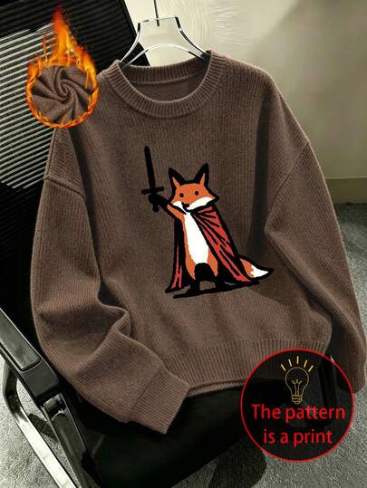 Women's Plus-Size Casual Crew-Neck Faux-Knit Sweater With "Fox Warrior" Print – A Stylish, Versatile Top For Autumn And Winter