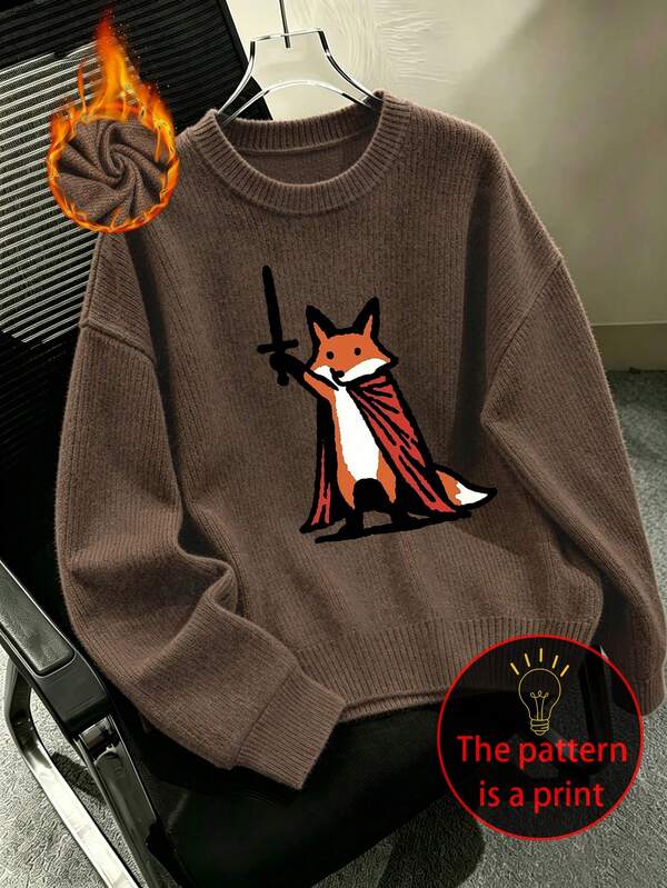 Women's Plus-Size Casual Crew-Neck Faux-Knit Sweater With "Fox Warrior" Print – A Stylish, Versatile Top For Autumn And Winter
