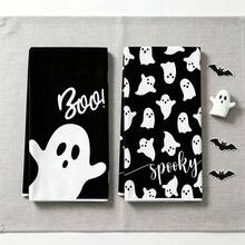 2 piezas de toallas de cocina decorativas de Halloween con estampado minimalista de fantasma sobre fondo negro, toallas de mano de microfibra superfina minimalista en blanco y negro, rectangulares con dobladillo, estampadas a una sola cara, para cocina, baño, mesa de comedor, casa de huéspedes, decoración suave de otoño y Halloween - Blanco y Negro - Ver 4
