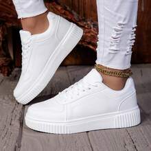 Women's Pure White High-Top Skate Shoes, Thick Sole Height-Increasing Athletic Shoes, Lace-Up Comfortable Non-Slip Casual Sports Shoes, Versatile Daily Campus Street Shoes - All White - View 1
