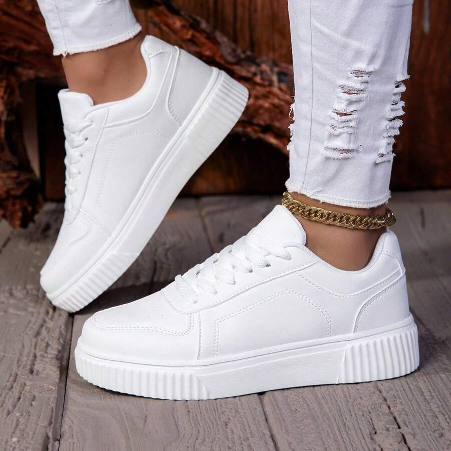 Women's Pure White High-Top Skate Shoes, Thick Sole Height-Increasing Athletic Shoes, Lace-Up Comfortable Non-Slip Casual Sports Shoes, Versatile Daily Campus Street Shoes - All White - View 1