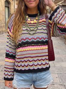 Suéter de mujer casual a rayas, corte holgado, cuello redondo, manga larga, punto ligero, estilo boho, para vacaciones, primavera y otoño 2026, con ribete en contraste - Multicolor - Ver 2
