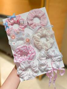 14/7pcs Women's Floral Print Lace Trim Scrunchies, Pink Hair Ties, Blue Hair Ties, Bow Ribbon Hair Ties, High Elasticity, Sweet And Cute Style, Suitable For Daily Hairstyles, Women's Hair Accessories. Perfect For Casual Wear, Shopping, Campus, Dating, Party, Travel And Vacation. Great For Photo Atmosphere. - Multicolor - View 4