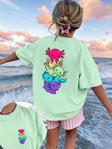 Kaos Anak Perempuan Remaja Motif Kartun Salamander Warna-warni Lucu, Cocok untuk Liburan Kasual Musim Panas - Mint Green - View 1