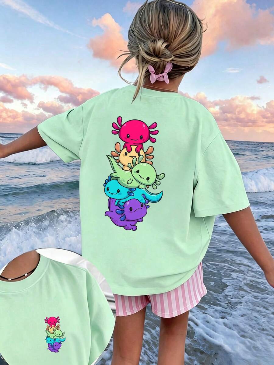 Kaos Anak Perempuan Remaja Motif Kartun Salamander Warna-warni Lucu, Cocok untuk Liburan Kasual Musim Panas - Mint Green - View 1
