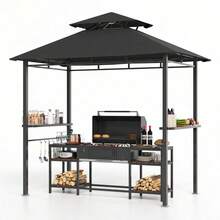 Cenador para parrilla 8x5 pies para exteriores - Techo doble metálico, resistente al clima - Incluye toldo, 2 barras de servicio, 5 ganchos, abrebotellas y estacas - Ideal para patio o jardín - Negro - Ver 1