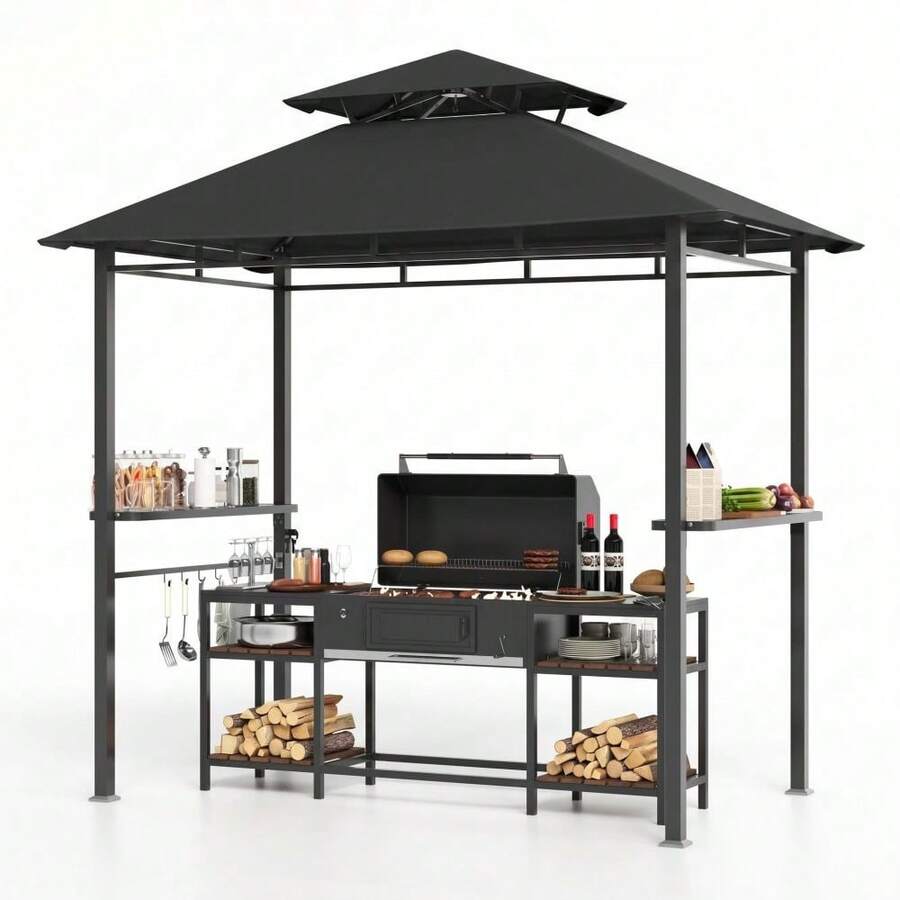 Cenador para parrilla 8x5 pies para exteriores - Techo doble metálico, resistente al clima - Incluye toldo, 2 barras de servicio, 5 ganchos, abrebotellas y estacas - Ideal para patio o jardín - Negro - Ver 1