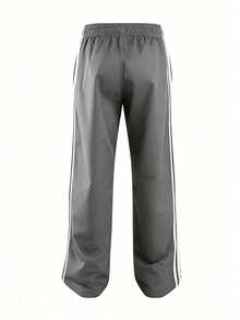 Men's Spring/Autumn Letter Print Striped Drawstring Waist Pocket Casual Straight Leg Long Pants - Grey - View 4