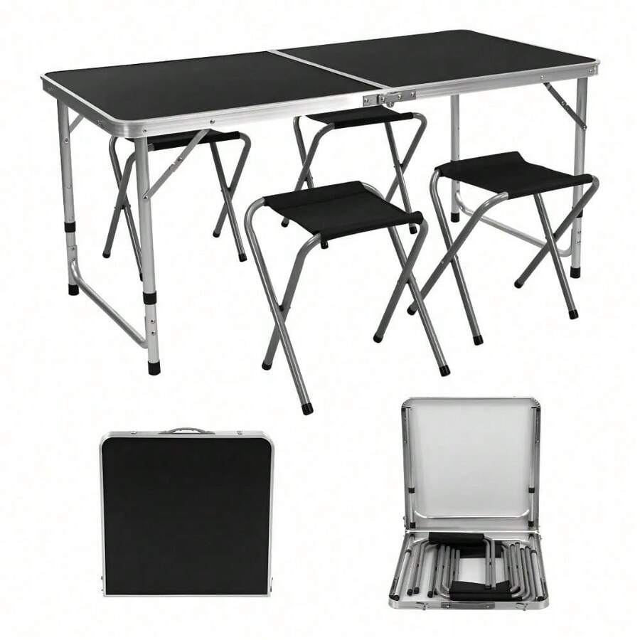 Set Mesa Plegable Portafolio 120cm con 4 Bancos Color Negro Estructura Acero y Plástico para Jardín Exterior Camping Picnic - Negro1 - Ver 1