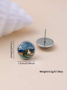 1 Pair Artistic Vintage Style Starry Night Town Pattern With 316 Stainless Steel Round Stud Earrings Suitable For Women's Daily Wear - Green - View 4